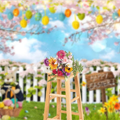 Aperturee - Aperturee Happy Easter Backdrop Bunnies and Basket in Flower Garden with White Fence Background Spring Nature Party Decor