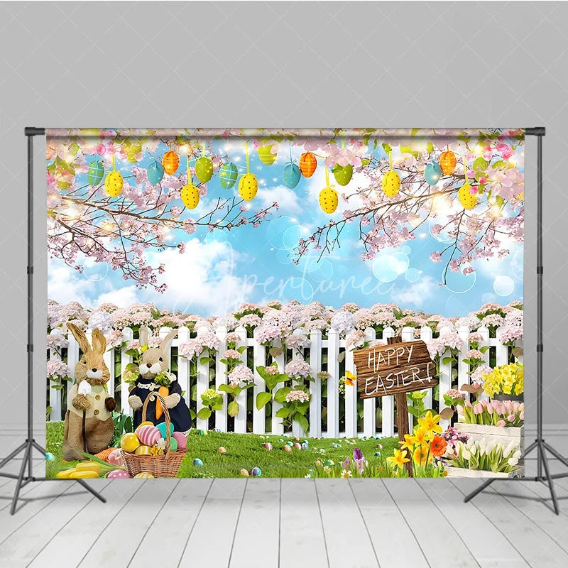 Aperturee - Aperturee Happy Easter Backdrop Bunnies and Basket in Flower Garden with White Fence Background Spring Nature Party Decor