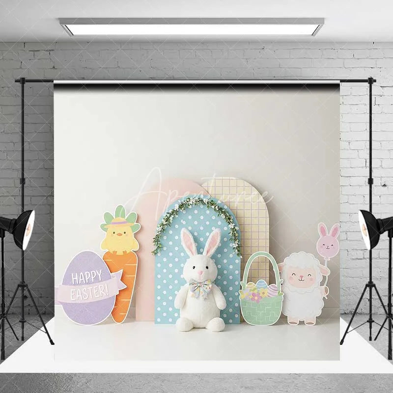 Aperturee - Aperturee Happy Easter Backdrop Cute Bunny Chick Sheep Polka Dot Photography Background Spring Holiday Party Decoration
