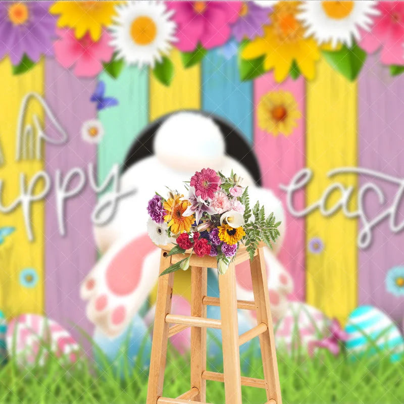 Aperturee - Aperturee Happy Easter Backdrop Funny Bunny Tail and Colorful Eggs on Pastel Wood Background Spring Garden Party Decorations