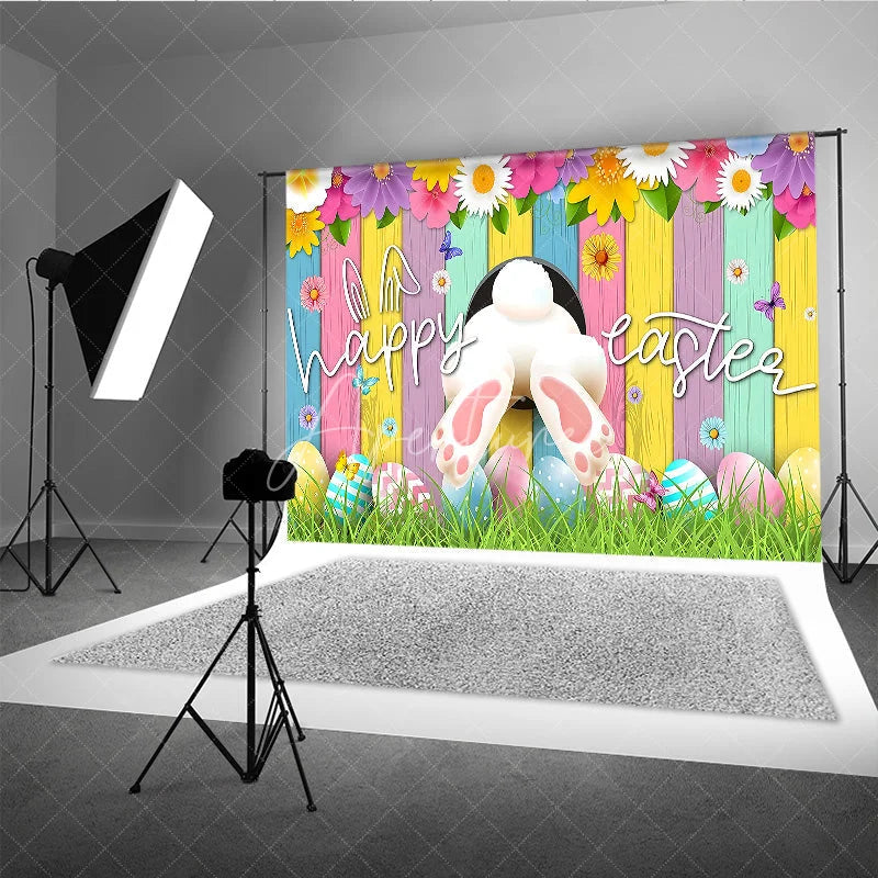 Aperturee - Aperturee Happy Easter Backdrop Funny Bunny Tail and Colorful Eggs on Pastel Wood Background Spring Garden Party Decorations