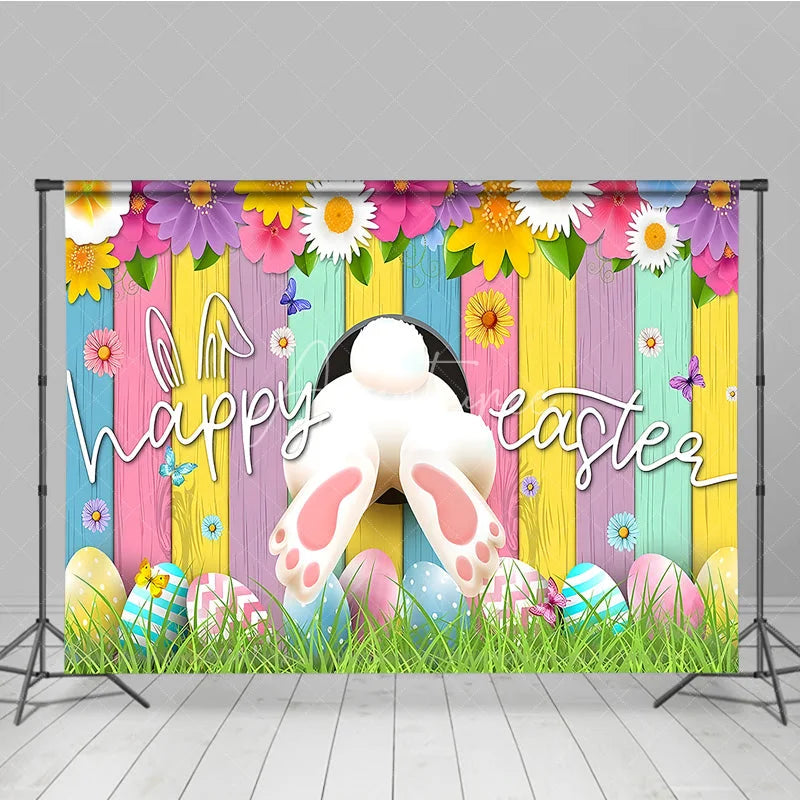 Aperturee - Aperturee Happy Easter Backdrop Funny Bunny Tail and Colorful Eggs on Pastel Wood Background Spring Garden Party Decorations