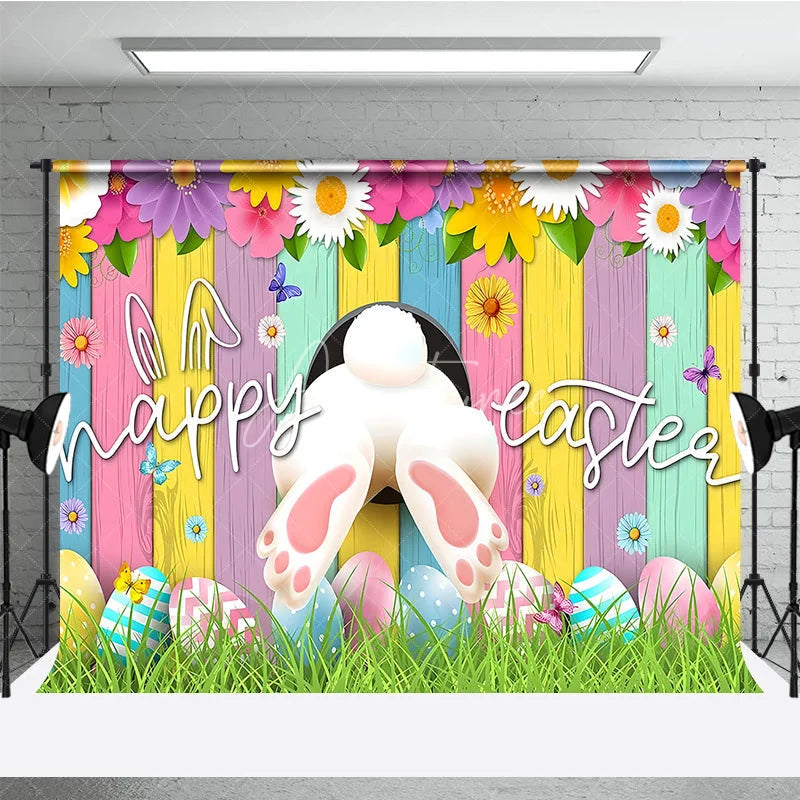 Aperturee - Aperturee Happy Easter Backdrop Funny Bunny Tail and Colorful Eggs on Pastel Wood Background Spring Garden Party Decorations