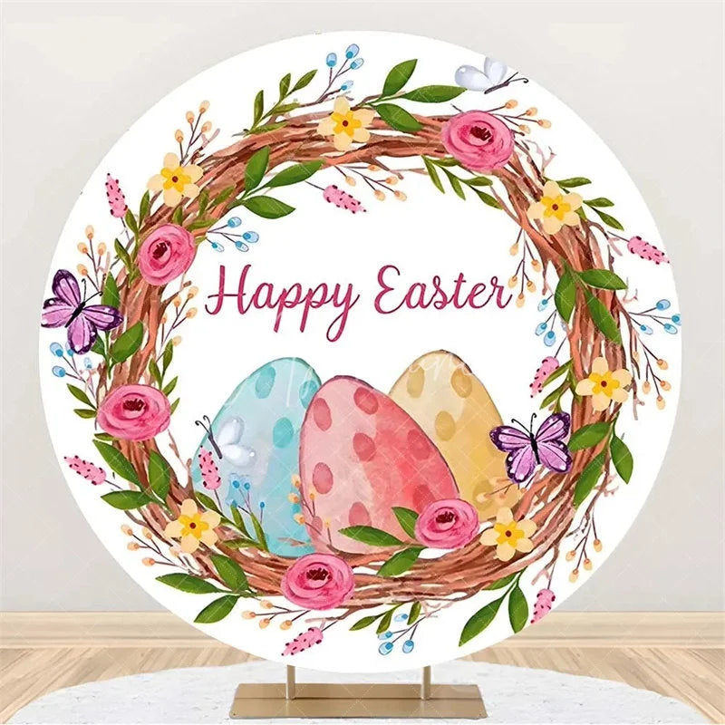 Aperturee - Aperturee Happy Easter Round Backdrop Colorful Egg Twig Wreath Cover Spring Floral Circle Background