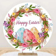 Aperturee - Aperturee Happy Easter Round Backdrop Colorful Egg Twig Wreath Cover Spring Floral Circle Background