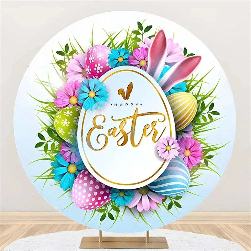 Aperturee - Aperturee Happy Easter Round Backdrop Colorful Egg Twig Wreath Cover Spring Floral Circle Background