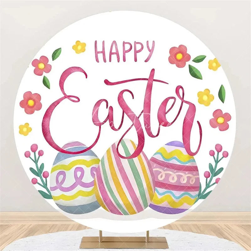 Aperturee - Aperturee Happy Easter Round Backdrop Colorful Egg Twig Wreath Cover Spring Floral Circle Background