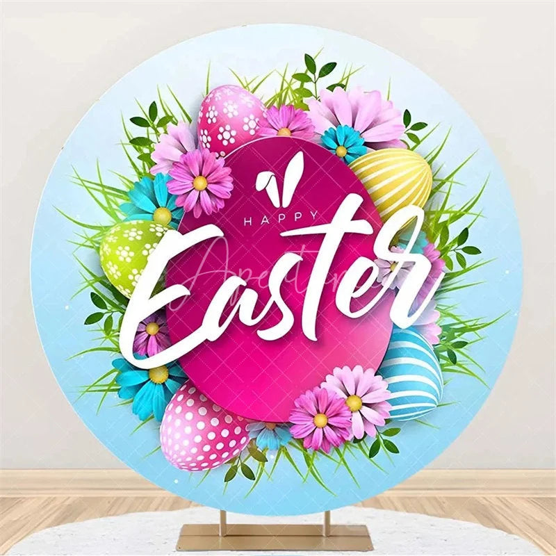 Aperturee - Aperturee Happy Easter Round Backdrop Colorful Egg Twig Wreath Cover Spring Floral Circle Background