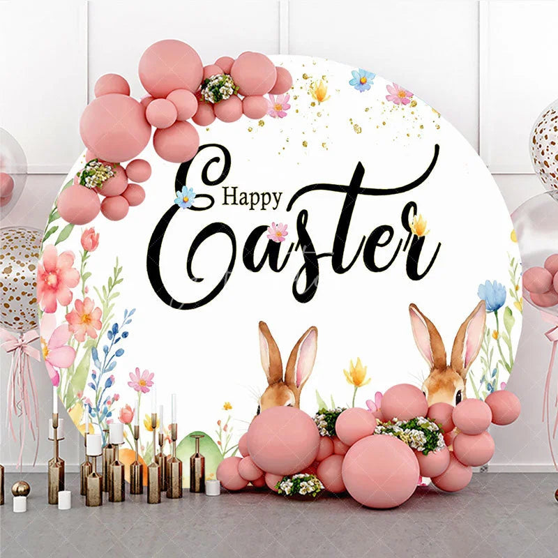Aperturee - Aperturee Happy Easter Round Backdrop Watercolor Bunny and Spring Eggs Party Photography Background