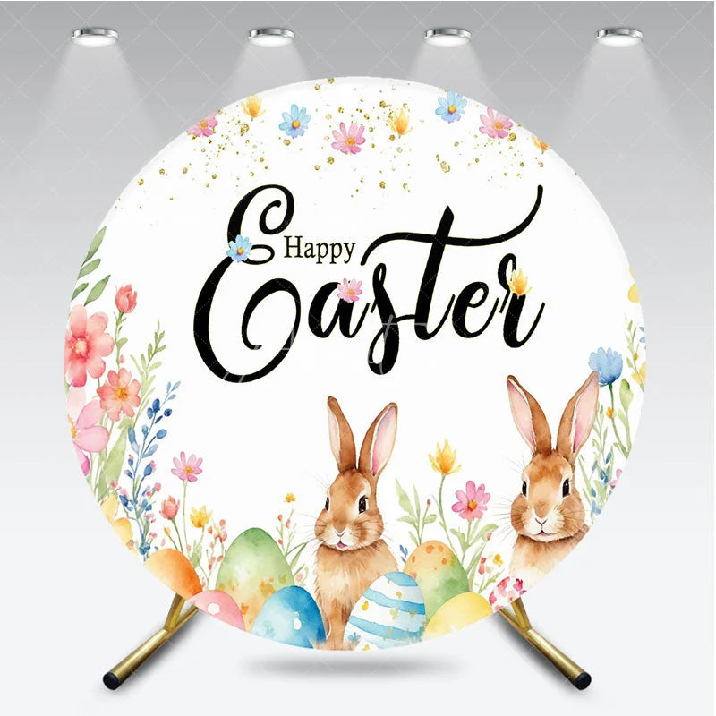 Aperturee - Aperturee Happy Easter Round Backdrop Watercolor Bunny and Spring Eggs Party Photography Background