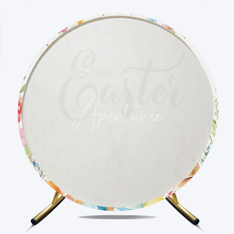 Aperturee - Aperturee Happy Easter Round Backdrop Watercolor Bunny and Spring Eggs Party Photography Background