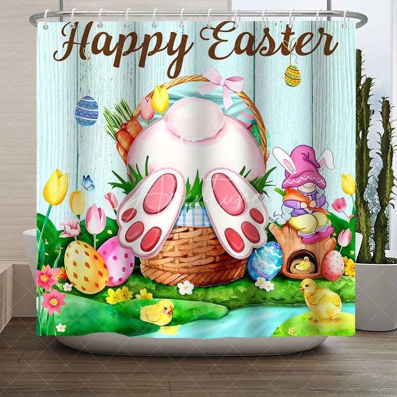 Aperturee - Aperturee Happy Easter Shower Curtain Funny Bunny Butt Basket Gnome Bathroom Decoration Rustic Wood Spring Holiday Bath Set