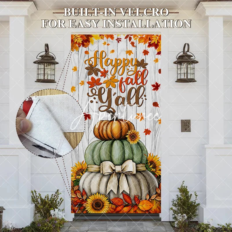 Aperturee - Aperturee Happy Fall Y’all Stacked Pumpkins and Sunflowers Door Cover Rustic Autumn Thanksgiving Decor