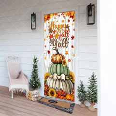 Aperturee - Aperturee Happy Fall Y’all Stacked Pumpkins and Sunflowers Door Cover Rustic Autumn Thanksgiving Decor