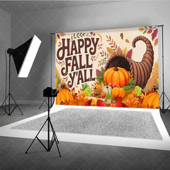 Aperturee - Aperturee Happy Fall Y’all Backdrop for Thanksgiving Autumn Harvest Cornucopia with Pumpkins Rustic Farmhouse Decor