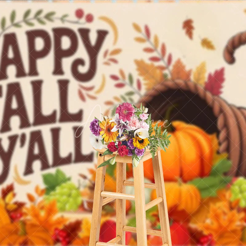 Aperturee - Aperturee Happy Fall Y’all Backdrop for Thanksgiving Autumn Harvest Cornucopia with Pumpkins Rustic Farmhouse Decor