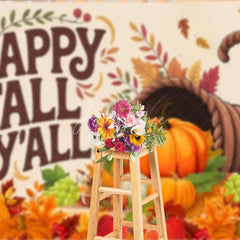 Aperturee - Aperturee Happy Fall Y’all Backdrop for Thanksgiving Autumn Harvest Cornucopia with Pumpkins Rustic Farmhouse Decor