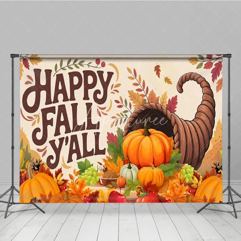 Aperturee - Aperturee Happy Fall Y’all Backdrop for Thanksgiving Autumn Harvest Cornucopia with Pumpkins Rustic Farmhouse Decor