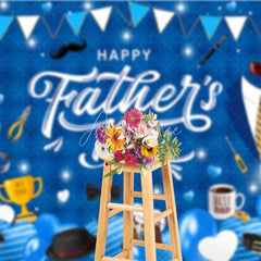 Aperturee - Aperturee Happy Fathers Day Backdrop Blue Plaid and Masculine Elements Background Best Dad Trophy and Tools Party Banner