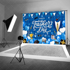 Aperturee - Aperturee Happy Fathers Day Backdrop Blue Plaid and Masculine Elements Background Best Dad Trophy and Tools Party Banner