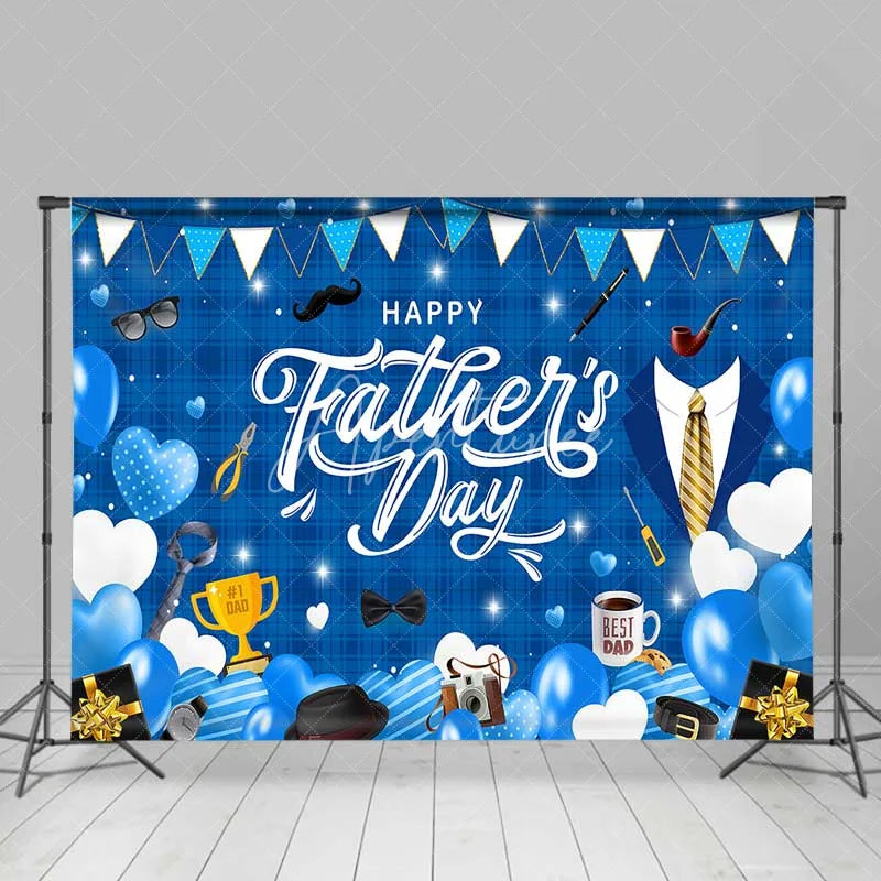 Aperturee - Aperturee Happy Fathers Day Backdrop Blue Plaid and Masculine Elements Background Best Dad Trophy and Tools Party Banner