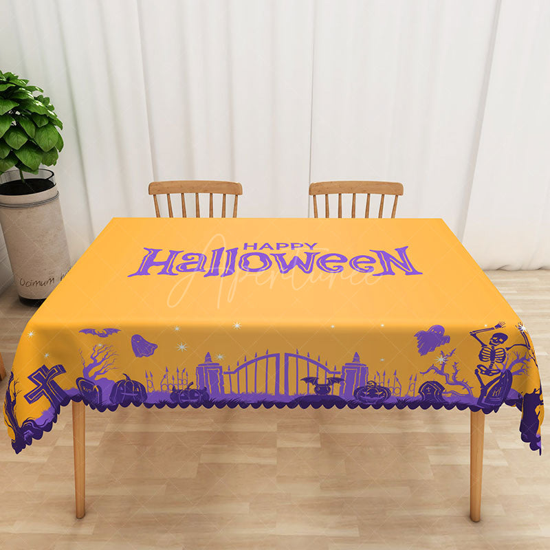 Aperturee - Aperturee Happy Halloween Rectangle Tablecloth in Yellow and Purple for Fun and Colorful Kids Spooky Party Decor