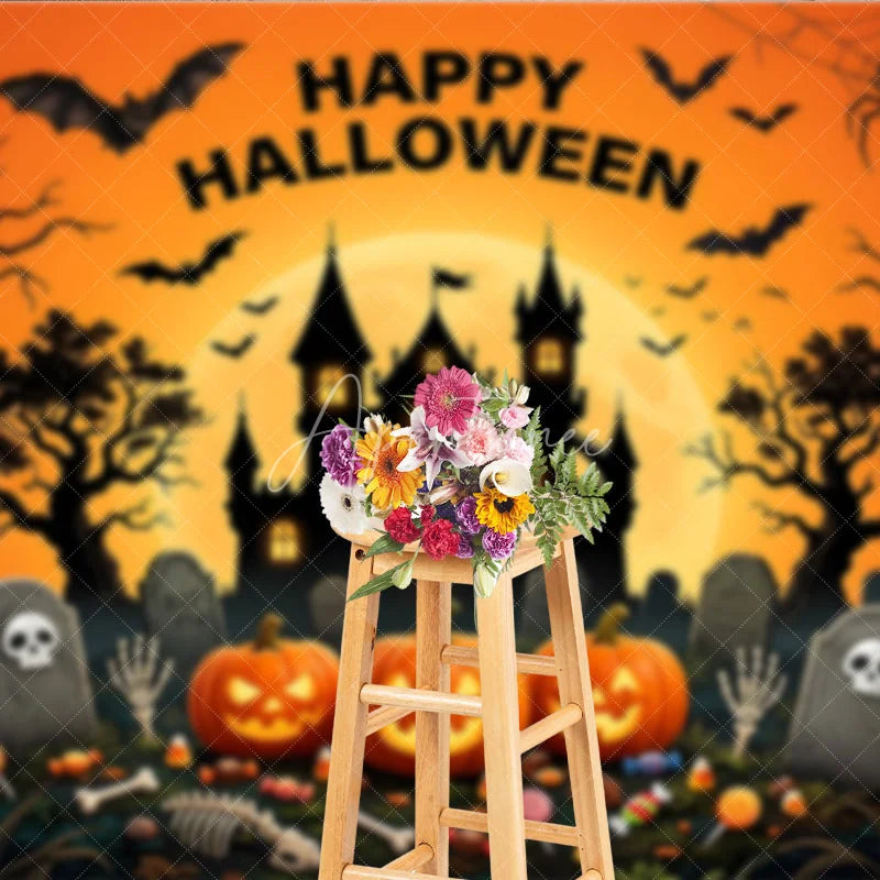 Aperturee - Aperturee Happy Halloween Spooky Castle and Jack-O-Lanterns Holiday Backdrop Spiders Eerie Graveyard Scene Party Decor