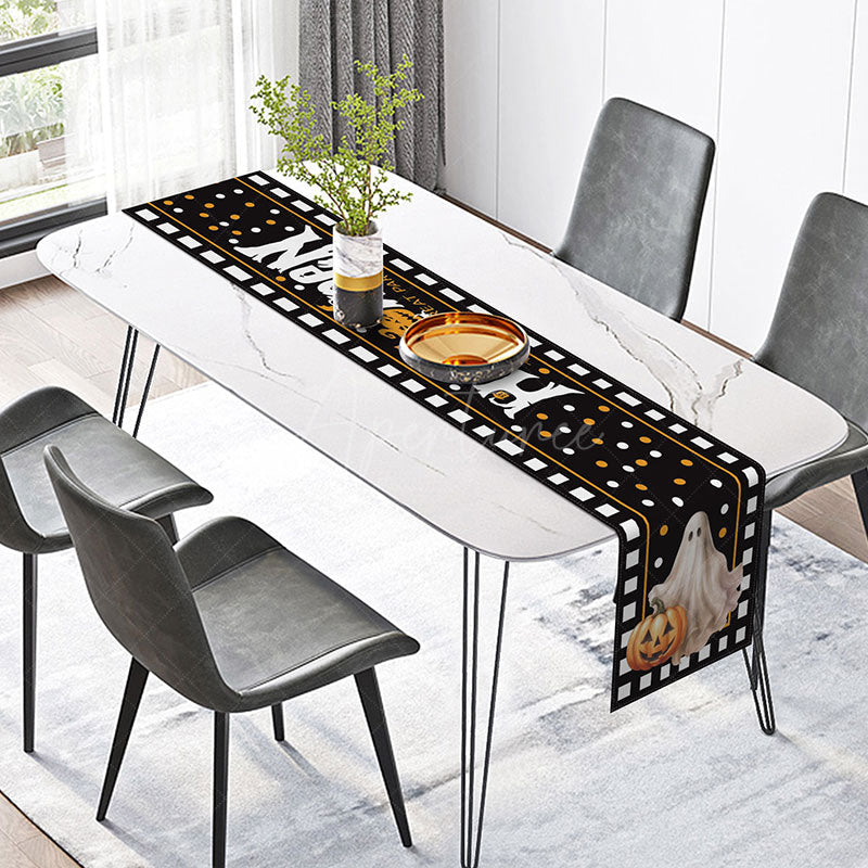 Aperturee - Aperturee Happy Halloween Table Runner with Pumpkin Ghost and Film Strip for Spooky Movie Night Party Decor