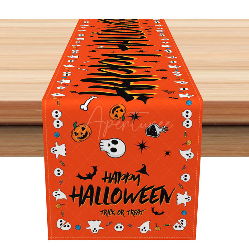 Aperturee - Aperturee Happy Halloween Table Runner with Warm Color Ghost and Pumpkin for Kids and Family Party Decor
