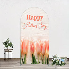 Aperturee - Aperturee Happy Mother’s Day Pink Tulips and White Wood Round Top Arch Backdrop Elegant Floral Celebration Decor