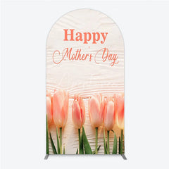 Aperturee - Aperturee Happy Mother’s Day Pink Tulips and White Wood Round Top Arch Backdrop Elegant Floral Celebration Decor