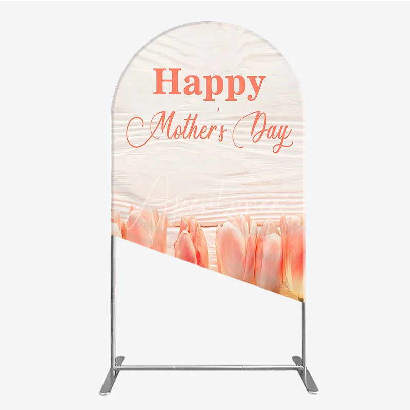 Aperturee - Aperturee Happy Mother’s Day Pink Tulips and White Wood Round Top Arch Backdrop Elegant Floral Celebration Decor