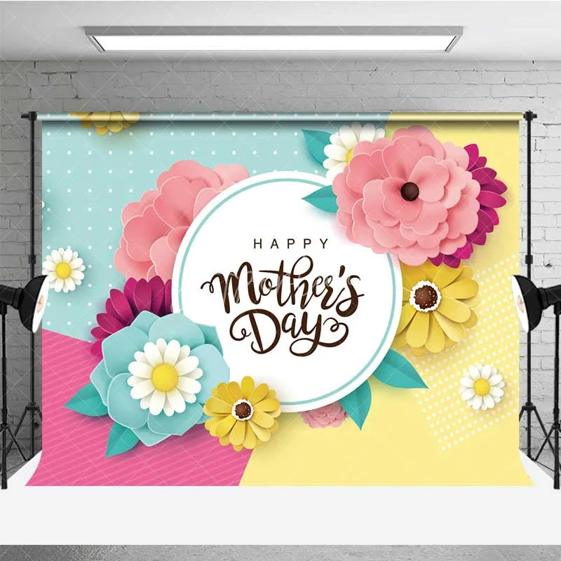 Aperturee - Aperturee Happy Mothers Day Backdrop Colorful Paper Flowers Geometric Polka Dots Party Background