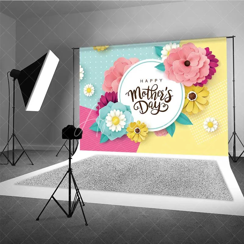 Aperturee - Aperturee Happy Mothers Day Backdrop Colorful Paper Flowers Geometric Polka Dots Party Background