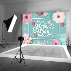 Aperturee - Aperturee Happy Mothers Day Backdrop Pink Paper Flowers on Teal Background Party Decoration