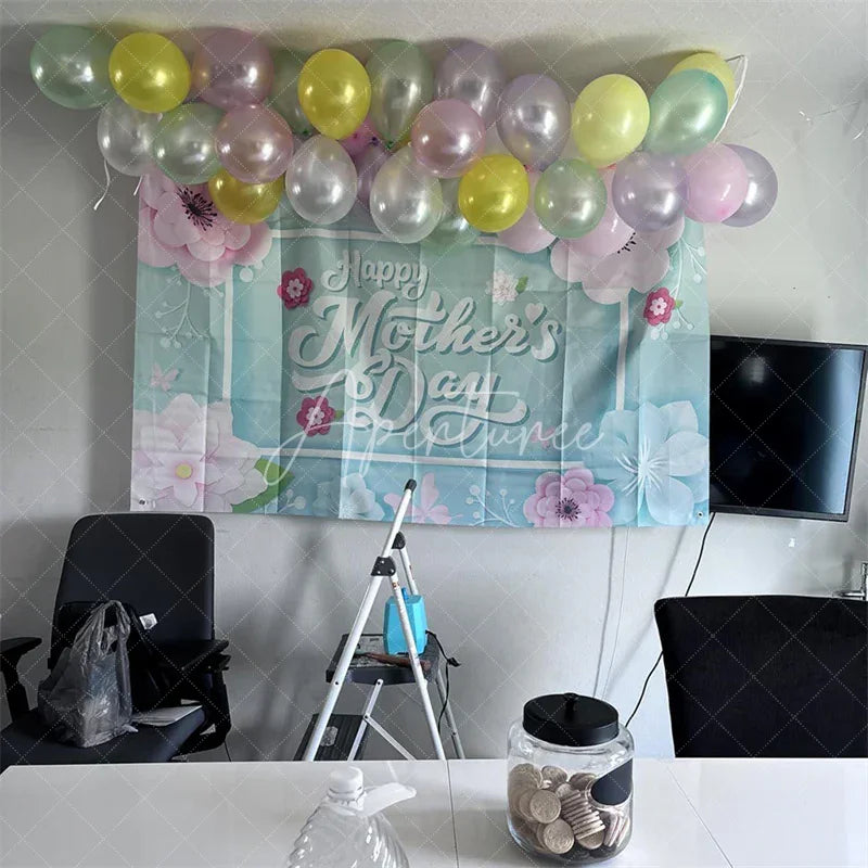 Aperturee - Aperturee Happy Mothers Day Backdrop Pink Paper Flowers on Teal Background Party Decoration