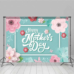 Aperturee - Aperturee Happy Mothers Day Backdrop Pink Paper Flowers on Teal Background Party Decoration