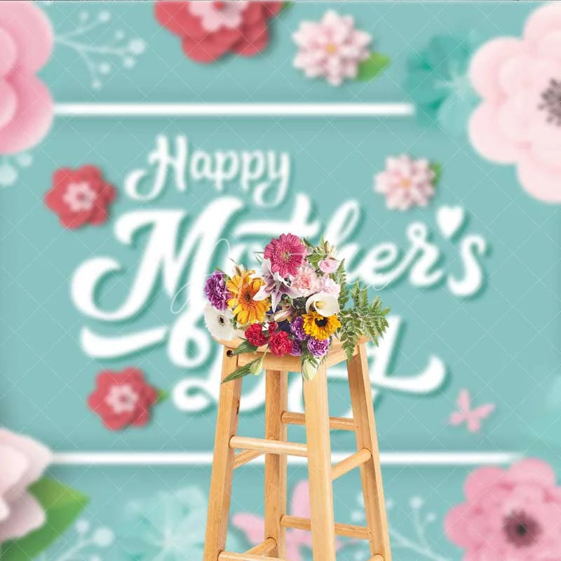 Aperturee - Aperturee Happy Mothers Day Backdrop Pink Paper Flowers on Teal Background Party Decoration
