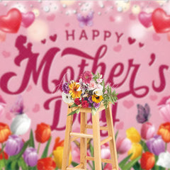 Aperturee - Aperturee Happy Mother’s Day Backdrop Pink Tulips and Butterflies Floral Celebration Photo Background