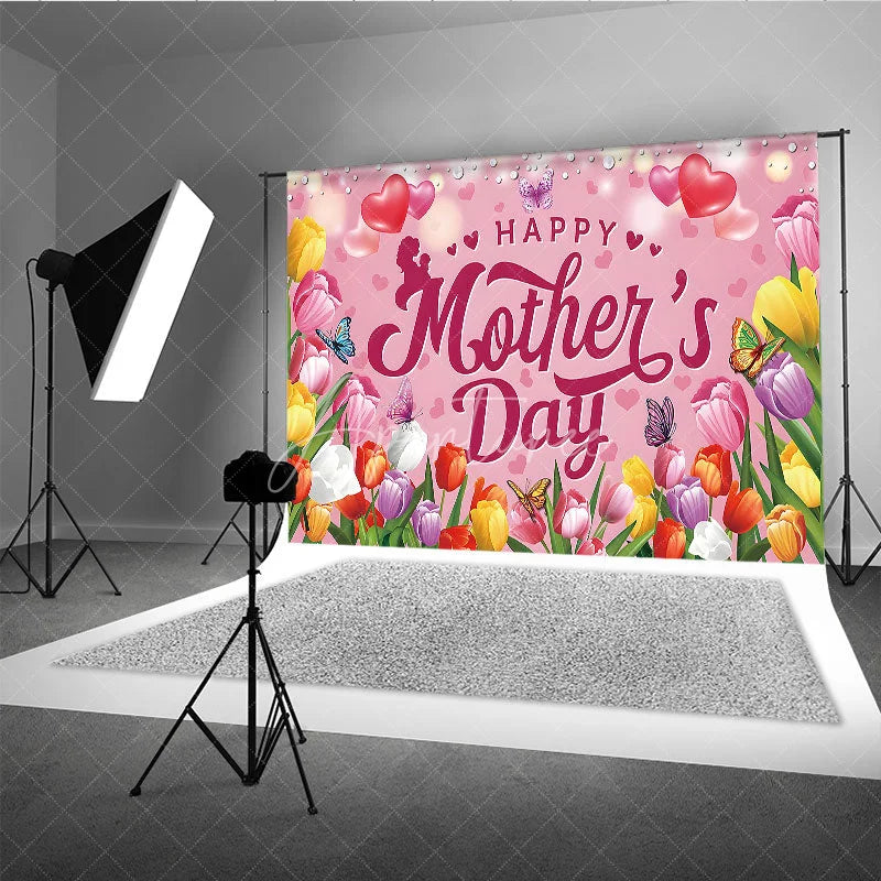 Aperturee - Aperturee Happy Mother’s Day Backdrop Pink Tulips and Butterflies Floral Celebration Photo Background