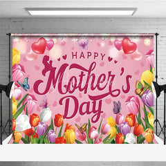 Aperturee - Aperturee Happy Mother’s Day Backdrop Pink Tulips and Butterflies Floral Celebration Photo Background