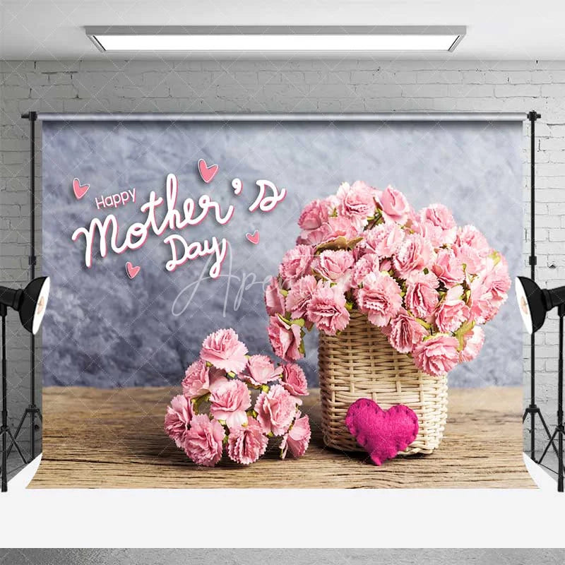 Aperturee - Aperturee Happy Mother’s Day Pink Carnations Basket Combo Set Backdrop Rustic Wood Floor Gray Wall for Celebration