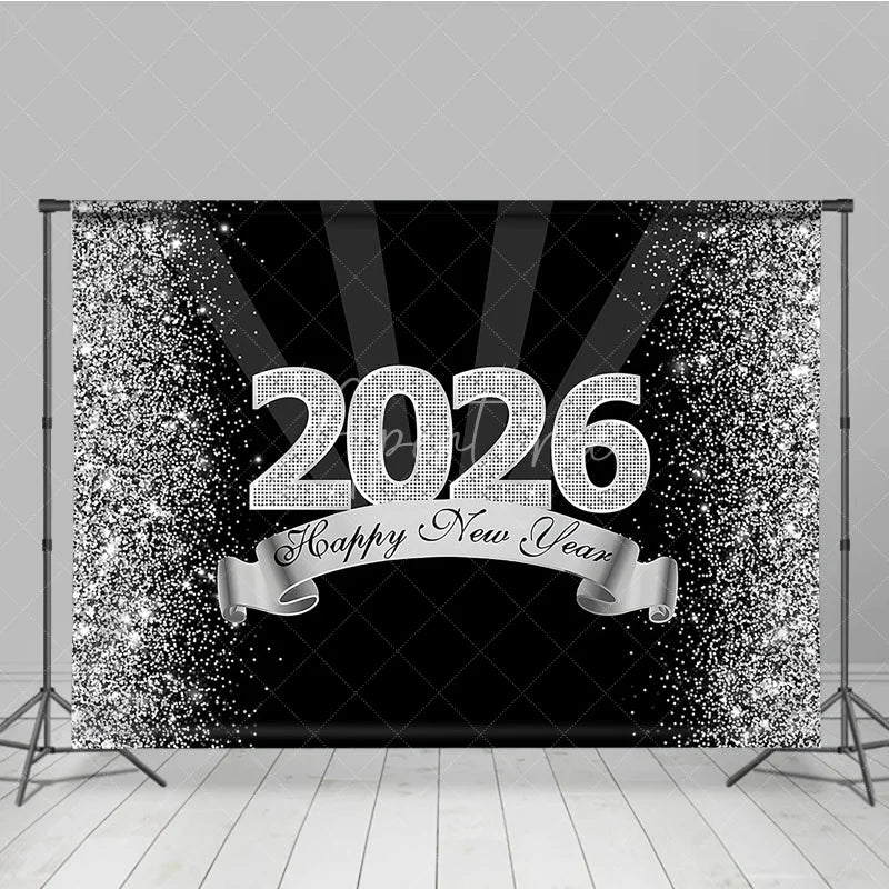 Aperturee - Aperturee Happy New Year 2026 Backdrop in Black and Silver Glitter Elegant Diamond Themed NYE Party Spotlight Decor