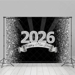 Aperturee - Aperturee Happy New Year 2026 Backdrop in Black and Silver Glitter Elegant Diamond Themed NYE Party Spotlight Decor
