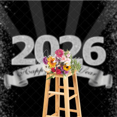 Aperturee - Aperturee Happy New Year 2026 Backdrop in Black and Silver Glitter Elegant Diamond Themed NYE Party Spotlight Decor