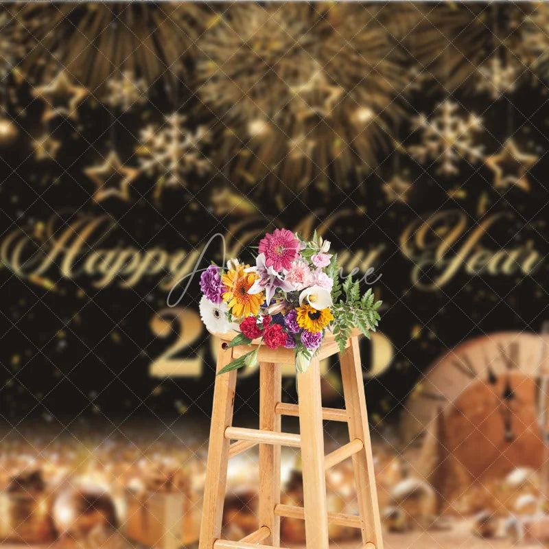 Aperturee - Aperturee Happy New Year 2026 Backdrop with Gold Fireworks Clock and Champagne Black and Gold NYE Party Photo Booth Decor