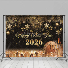 Aperturee - Aperturee Happy New Year 2026 Backdrop with Gold Fireworks Clock and Champagne Black and Gold NYE Party Photo Booth Decor