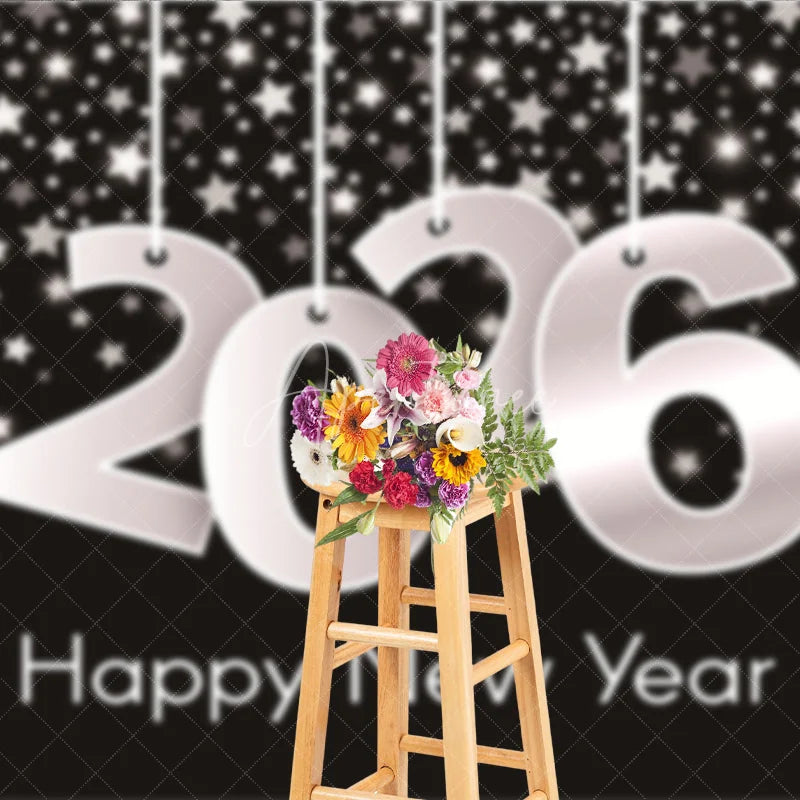Aperturee - Aperturee Happy New Year 2026 Backdrop with Hanging Silver Numbers Black Background with Stars Modern NYE Party Decor