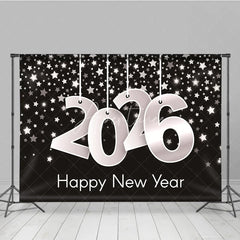 Aperturee - Aperturee Happy New Year 2026 Backdrop with Hanging Silver Numbers Black Background with Stars Modern NYE Party Decor