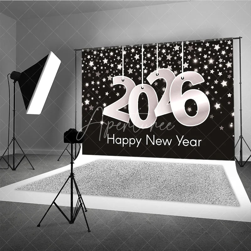 Aperturee - Aperturee Happy New Year 2026 Backdrop with Hanging Silver Numbers Black Background with Stars Modern NYE Party Decor